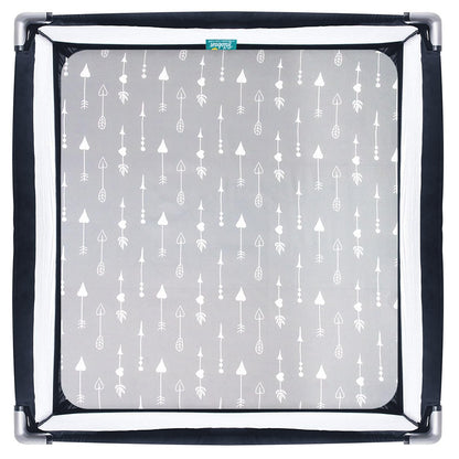 Square Playard/Playpen Fitted Sheets, Perfect for New Room2 / TotBloc Portable Playard, 2 Pack, Ultra Soft Microfiber, Fitted Playpen Sheet, Navy Cloud and Grey Arrow