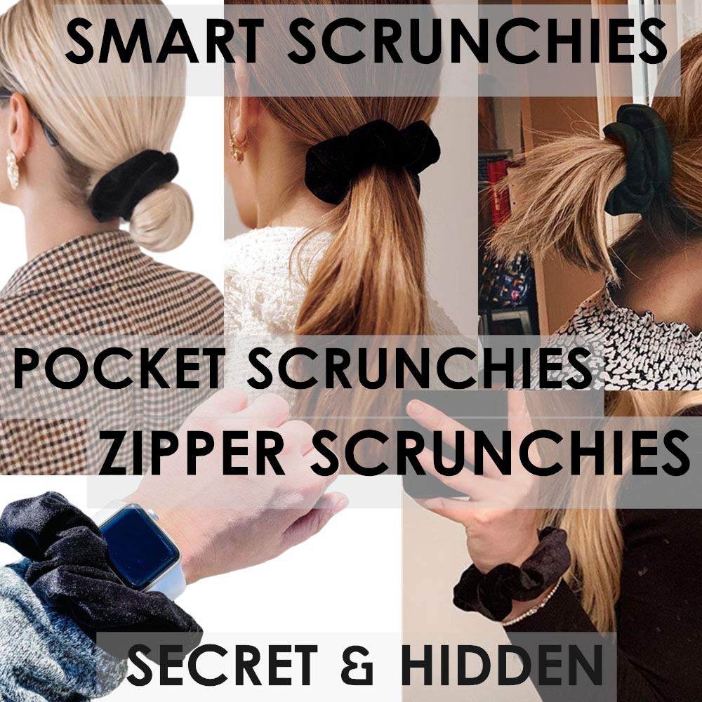 Zipper Scrunchies, Pocket Scrunchie, SECRET & HIDDEN, Velvet Hair Ties Bracelet, Compatible with Apple AirPods 3&2&1, Key Money Chapstick Storage Bag, Elastics Hair Band (Black 3PCS)