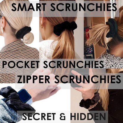 Zipper Scrunchies, Pocket Scrunchie, SECRET & HIDDEN, Velvet Hair Ties Bracelet, Compatible with Apple AirPods 3&2&1, Key Money Chapstick Storage Bag, Elastics Hair Band (Black 3PCS)