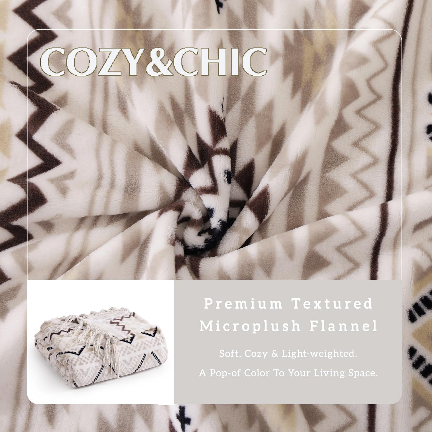 CASAAGUSTO Boho Throw Blanket - Beige and Gray Decorative Blankets with Tassel, Printed Flannel Bohemian Blanket for Chair, Bed, Sofa, Couch(50 * 60, Beige and Gray)