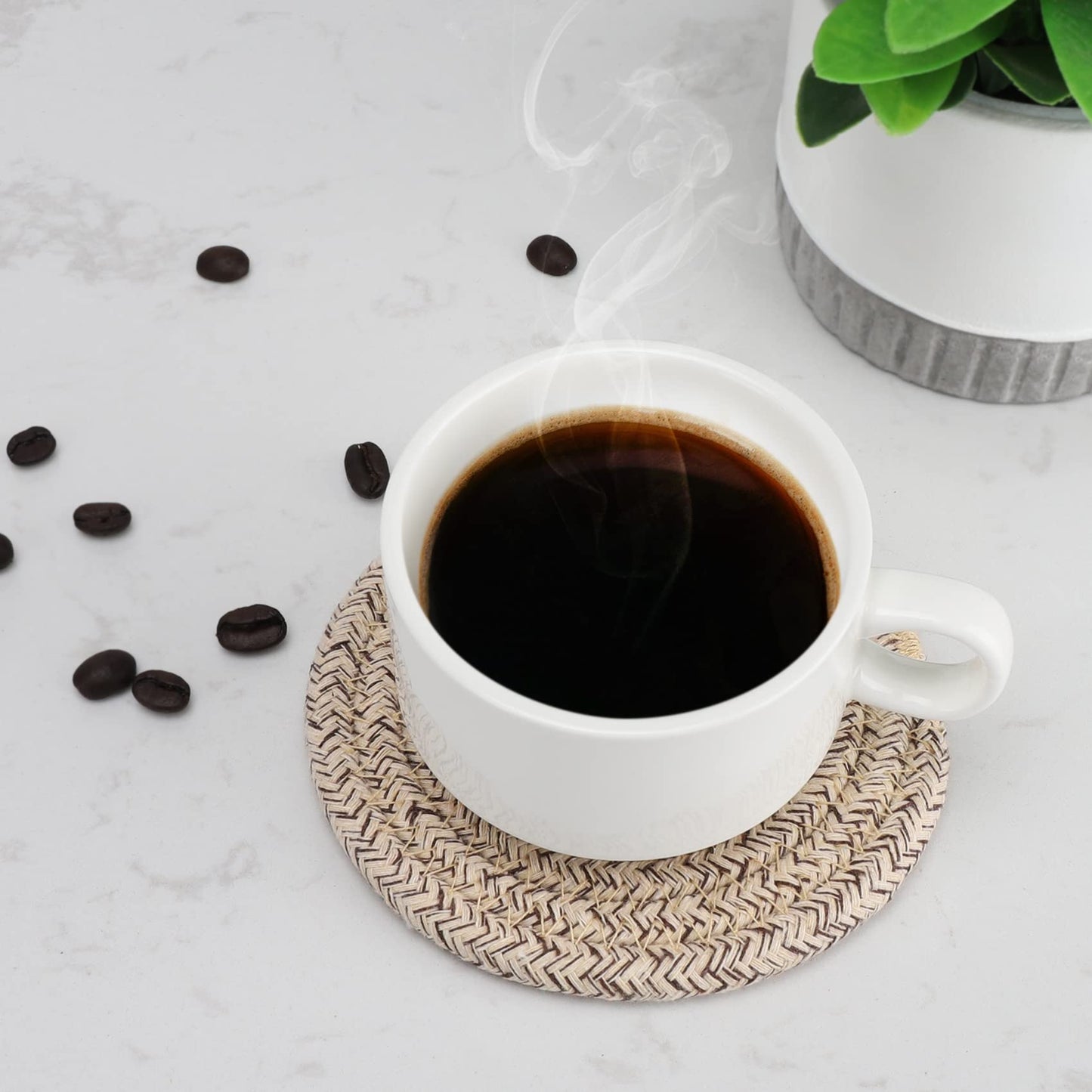 ABenkle 8 Pcs Drink Coasters with Holder, Cotton Woven Absorbent Coasters for Drinks, Minimalist Home Decor Coaster Set for Wooden Tabletop Protection Table, 4.3 inches Mixed Brown