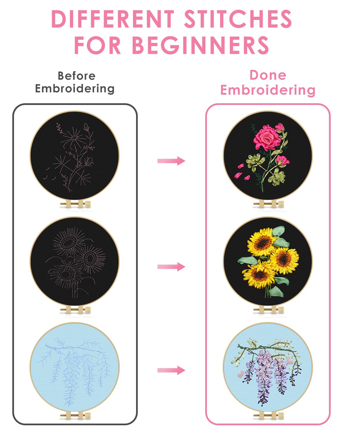 TINDTOP Embroidery Kit for Adult, Ribbon Embroidery Kit for Beginners for Craft Lover Hand Stitch with Embroidery Skill Techniques (Flowers)