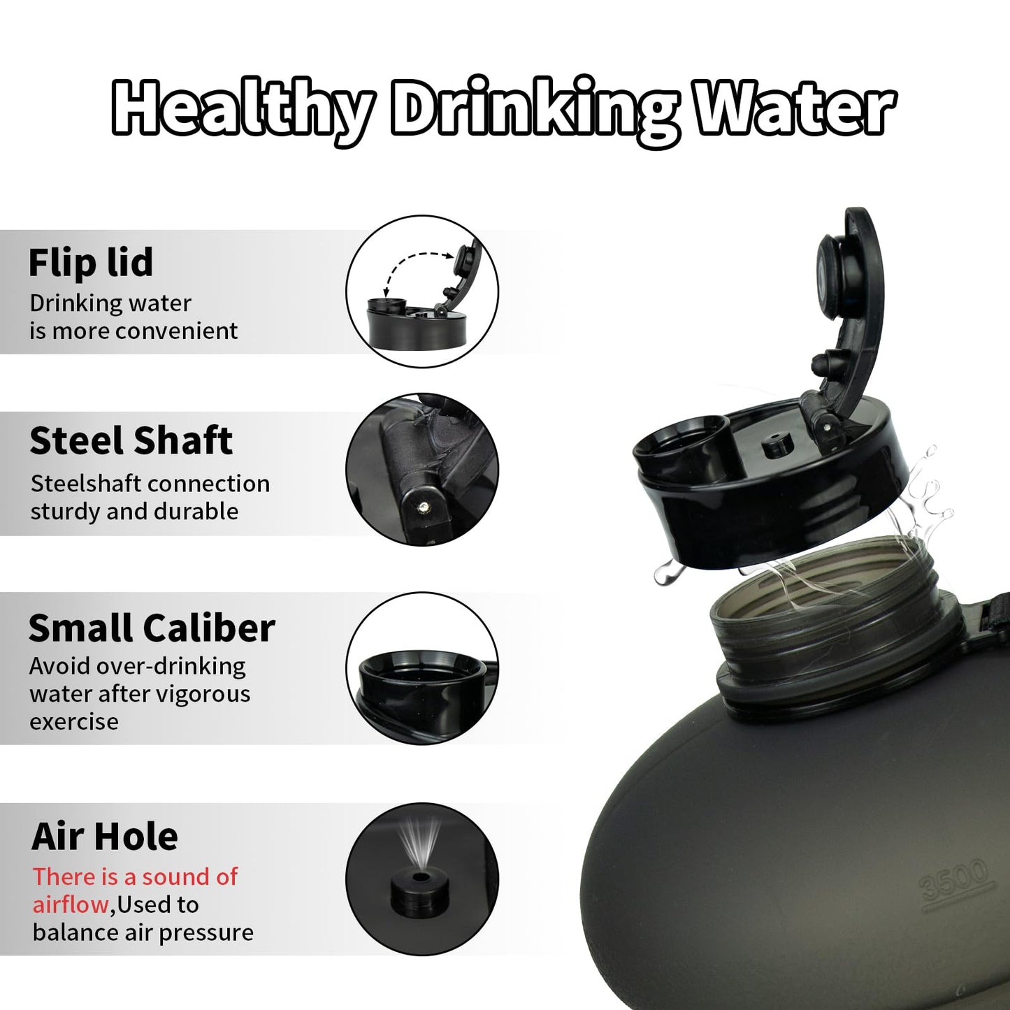 TOOFEEL 1 Gallon Water Bottle - 128 oz With Flip Lid, Measurements Marked, Leak Proof BPA Free Jug for Gym, Sports - Matte Black