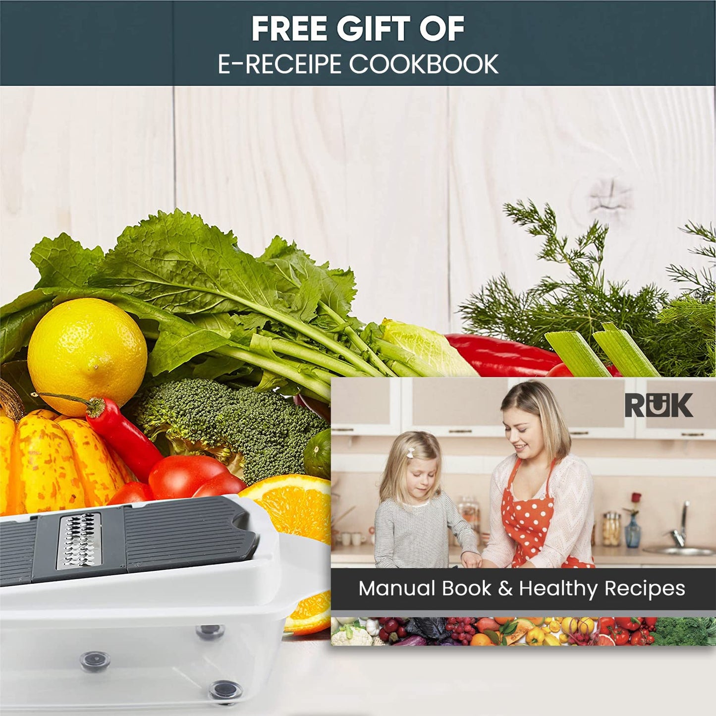 RüK Vegetable Chopper Slicer Onion Dicer, Multi 22-in-1 Veggie Mandoline Food Cutter for Tomato Fruit with Lemon Squeezer, E-Recipe, 11 Blades, Egg Separator & Slicer, Container