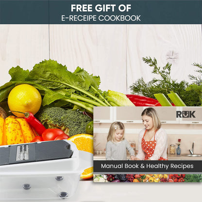 RüK Vegetable Chopper Slicer Onion Dicer, Multi 22-in-1 Veggie Mandoline Food Cutter for Tomato Fruit with Lemon Squeezer, E-Recipe, 11 Blades, Egg Separator & Slicer, Container