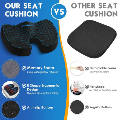 TushGuard Seat Cushion for Office Chair Memory Foam Non-Slip Desk Seat Cushion Back, Coccyx, Sciatica, Tailbone Pain Relief Butt Pillow for Office Chair, Car, Wheelchair, Black