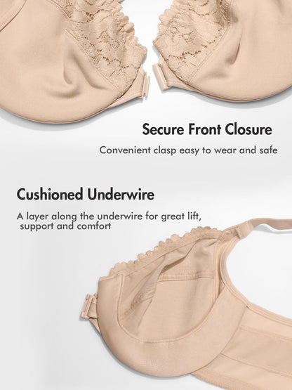 DELIMIRA Women's Front Closure Bras Posture Full Coverage Plus Size Lace Underwire Unlined Bra Beige 40DD