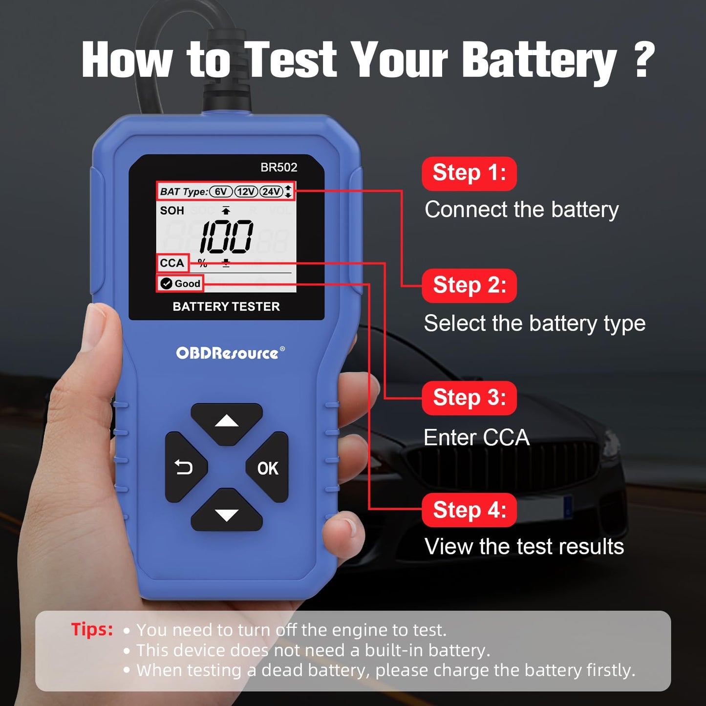 Car Battery Tester 6V 12V 24V Battery Voltage Tester, BR502 100-2000 CCA 2Ah-220Ah Internal Resistance Tester Automotive Accurate Digital Auto Battery Analyzer for Car Truck Marine Motorcycle SUV Boat
