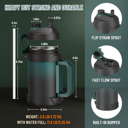 Zukro 1 Gallon Water Jug, One Gallon Large Triple Wall Insulated Metal Jug With Straw and Spout, No Sweat 128 oz Stainless Steel Sport Water Bottle Keeps Cold 48 Hours for Outdoors, Black
