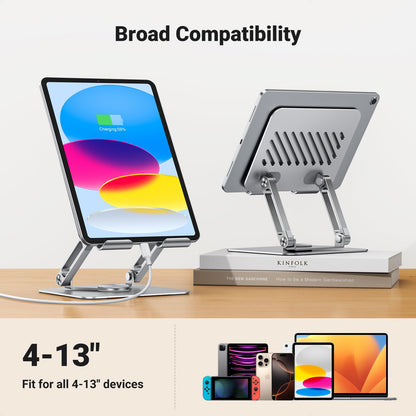 UGREEN Tablet Stand Holder for Desk with 360° Rotating Base Aluminum Dual Rod Support Adjustable Home Office Accessories Compatible with iPad Pro 13 12 11 Air Mini 5 4 3 Phone E-Reader Silver