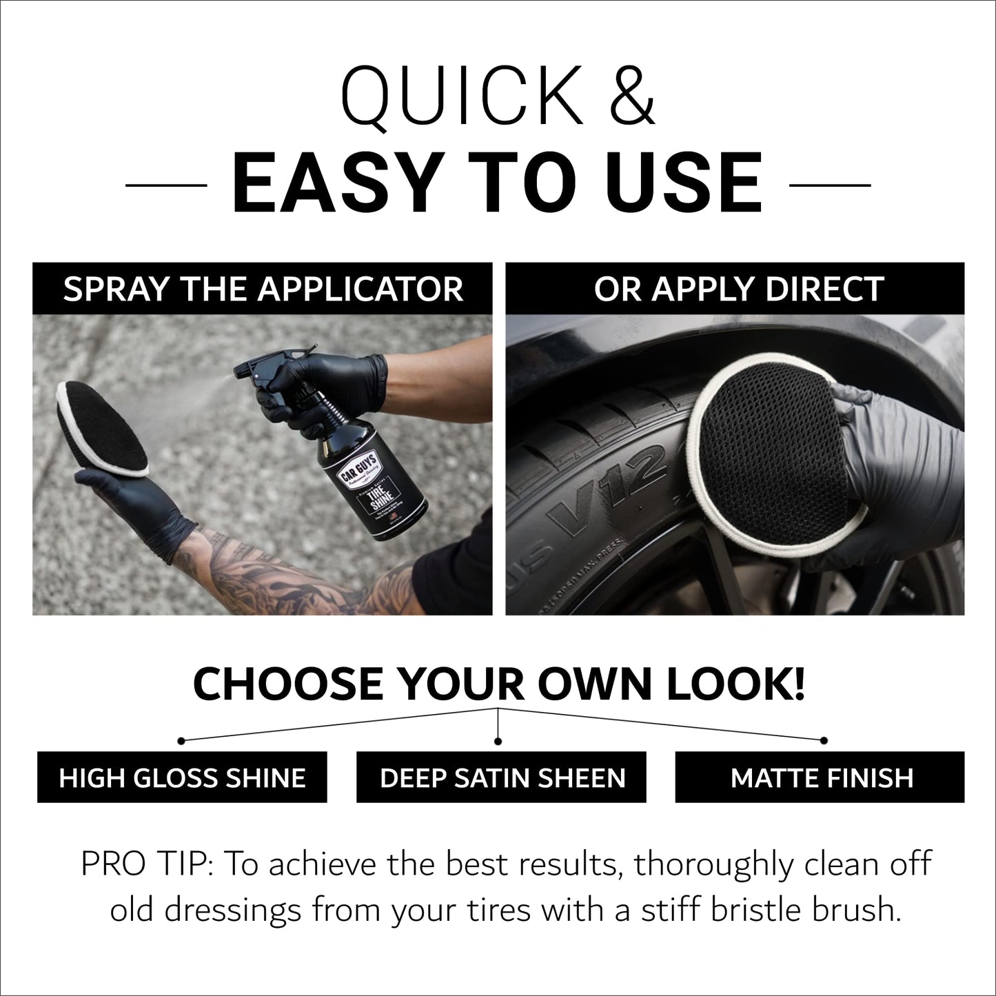 CAR GUYS Tire Shine Spray | The Perfect Shine | Durable and User Friendly Tire Dressing | Long Lasting UV Protection for Black Tires, Wheels, & Rubber | 18 Oz Kit with Applicator Pad