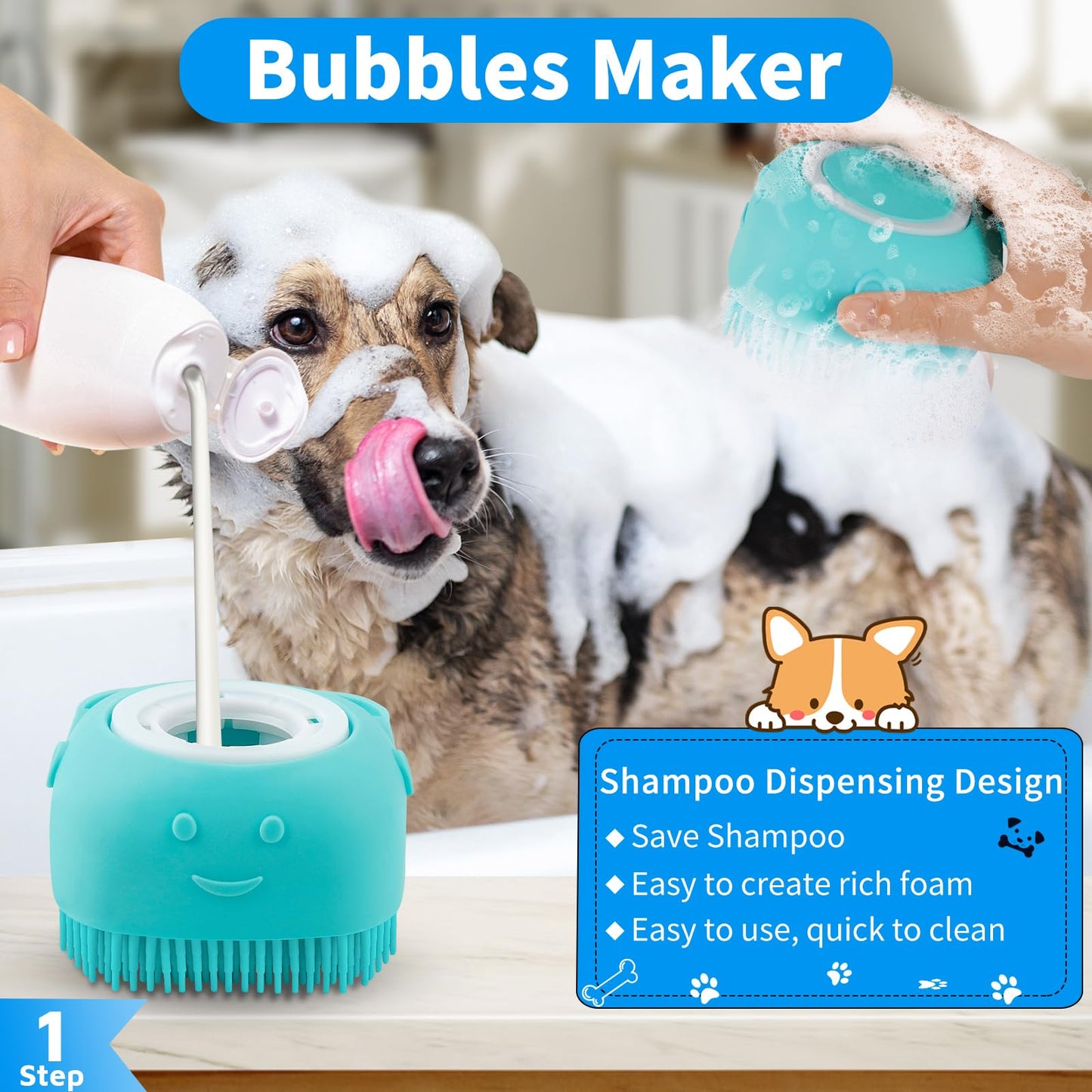 Comotech 3-in-1 Dog Grooming Brush | Adjustable Handle Shampoo Brush & Scrubber for Short & Long Haired Dogs & Cats (Blue Blue White)
