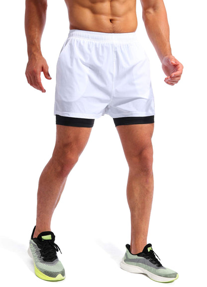 Pudolla Men’s 2 in 1 Running Shorts 5" Quick Dry Gym Athletic Workout Shorts for Men with Phone Pockets(White Medium)