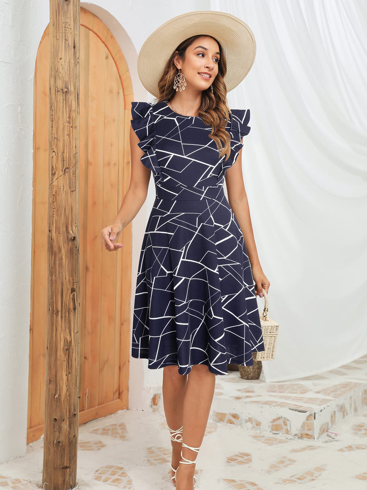 YATHON Women's Vintage Ruffle Floral Flared A Line Swing Casual Cocktail Party Dresses (L, YT001-Blue w Stripe)