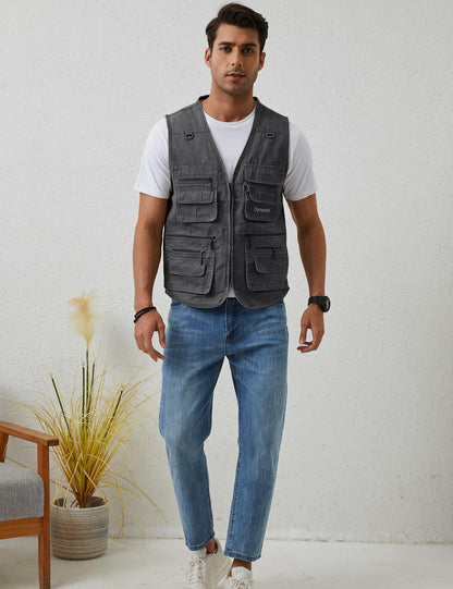 Gihuo Men's Fishing Vest Casual Utility Travel Safari Cargo Outdoor Work Photo Fly Vest Jacket with Multi Pockets (X-L, Grey)