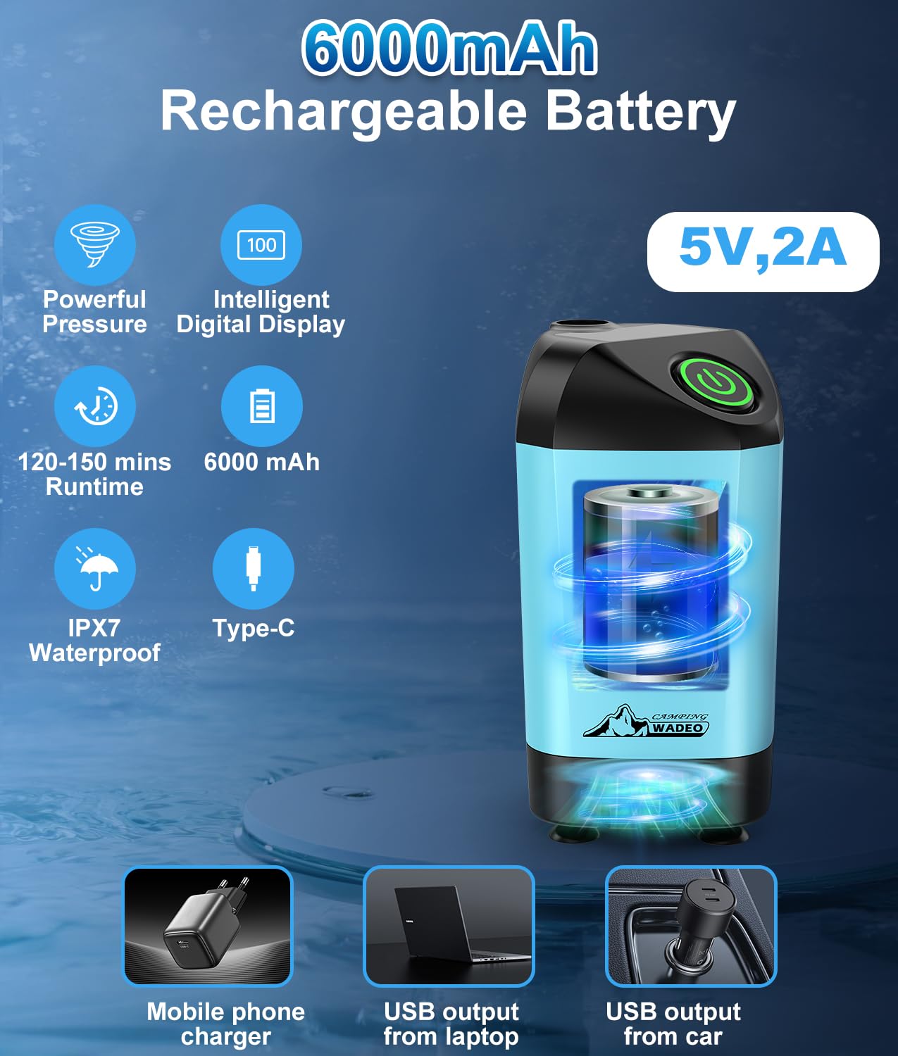 WADEO Portable Shower Camping Shower Outdoor Camp Shower Pump, Electric Rechargeable Portable Camping Shower, Powered by Rechargeable Battery for Camping, Hiking, Traveling