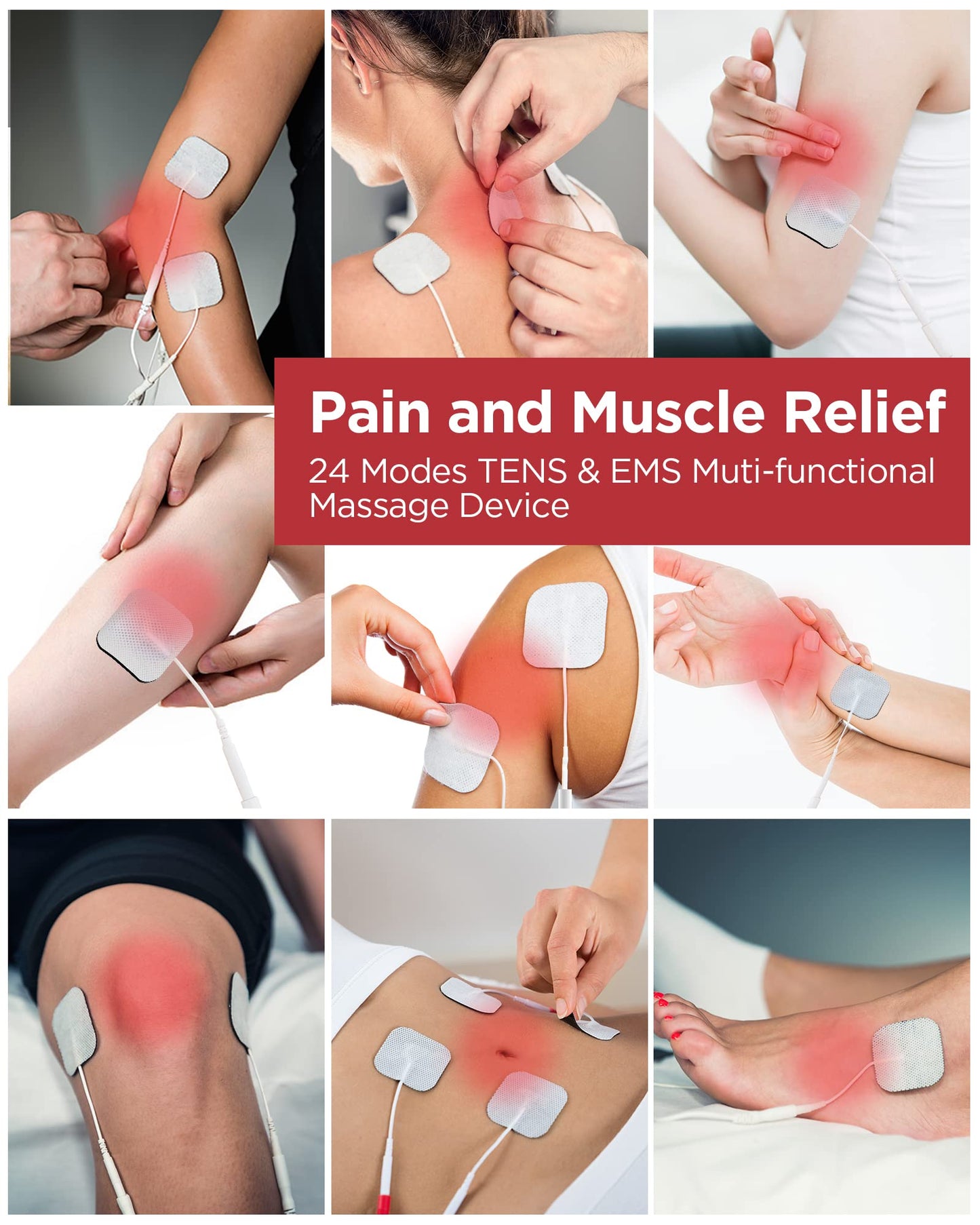 TENKER TENS Unit Muscle Stimulator, 24 Modes EMS Machine for Pain Relief Therapy/Pain Management, Rechargeable Electronic Pulse Massager with 2"x2" and 2"x4" Electrode Pads (Silver)