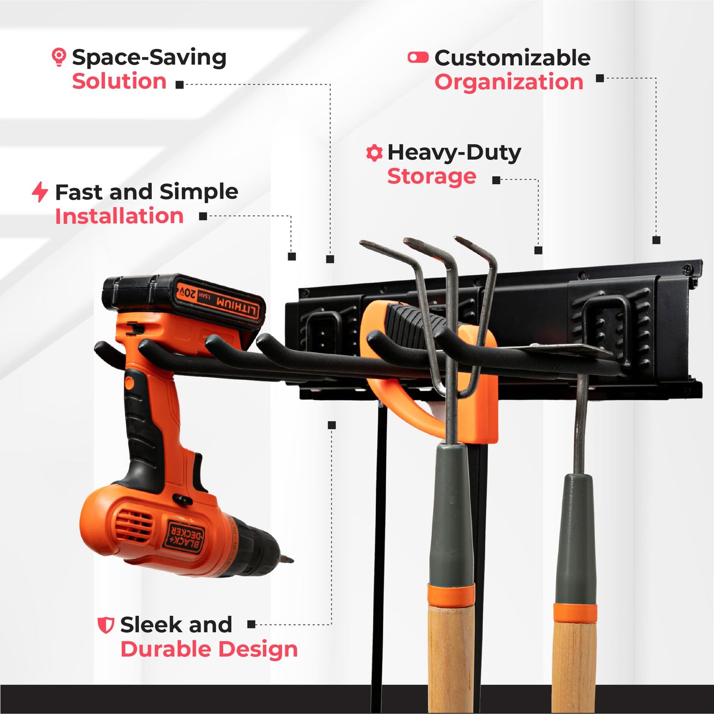 TIDYME Garage Tool Organizer Wall Mount - 48 inches - Sturdy Storage Rack with Adjustable Hooks, Anti-Rust - Easy Installation, 300lbs Capacity - Garden Tool Organizer (03 Racks & 06 Hooks)