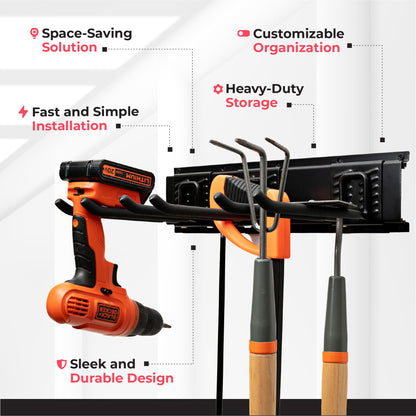 TIDYME Garage Tool Organizer Wall Mount - 48 inches - Sturdy Storage Rack with Adjustable Hooks, Anti-Rust - Easy Installation, 300lbs Capacity - Garden Tool Organizer (03 Racks & 06 Hooks)