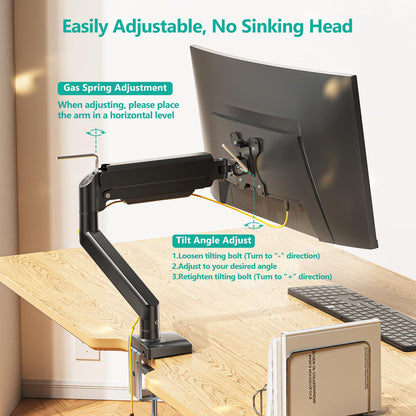 WALI Single Monitor Mount, Gas Spring Monitor Arm for 17-34 inch Screens, Adjustable Computer Monitors Stand up to 26.4lbs, with Clamp and Grommet Base, Mounting Holes 75 and 100mm (GSMP001N), Black