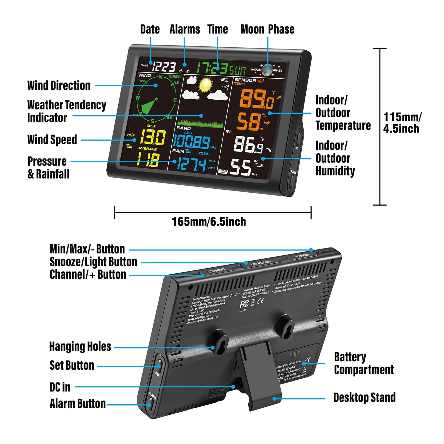 Sainlogic Wireless Weather Station with Outdoor Sensor, 8-in-1 Weather Station with Weather Forecast, Temperature, Air Pressure, Humidity, Wind Gauge, Rain Gauge, Moon Phrase, Alarm Clock (No WiFi)