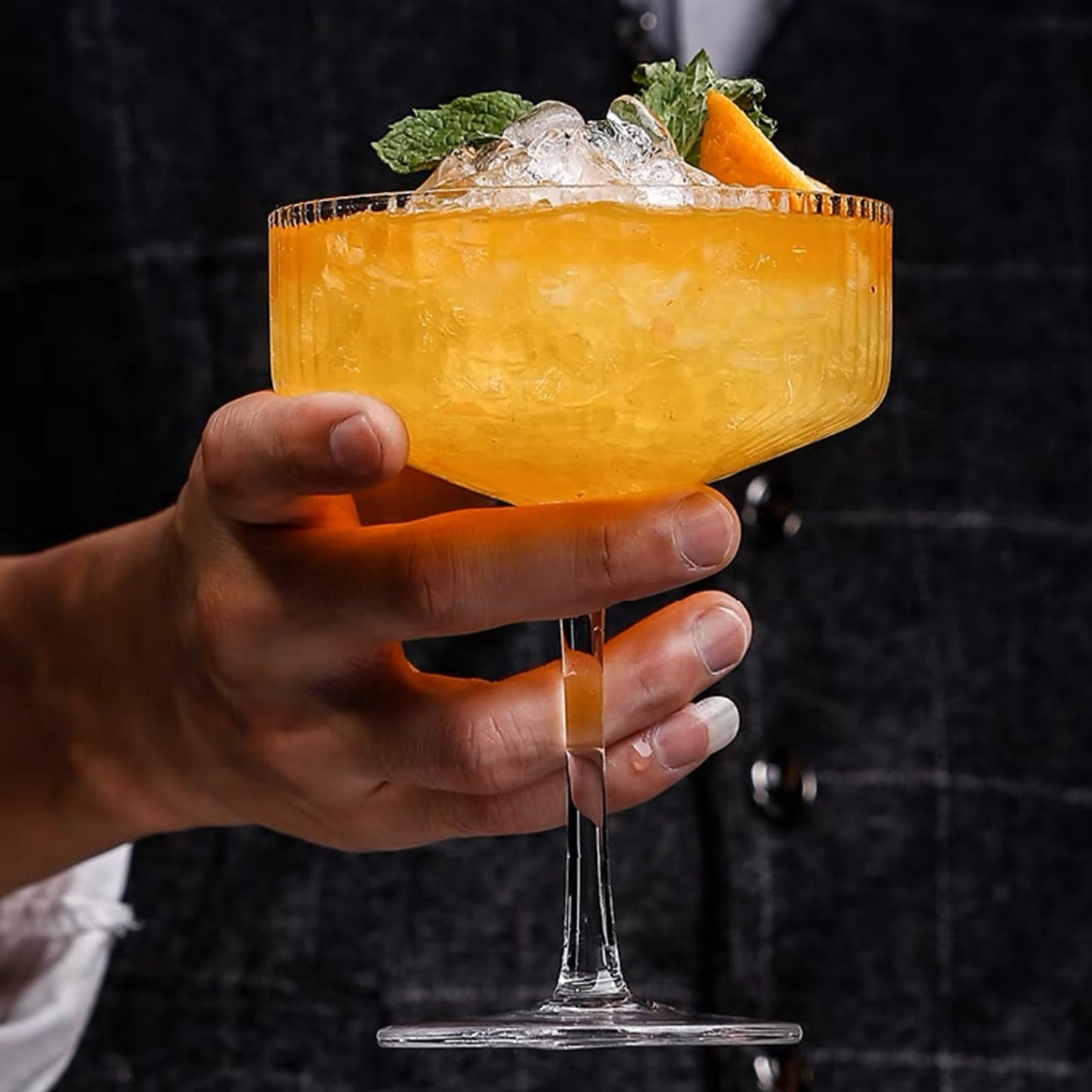 Qipecedm 4 Pcs Ribbed Coupe Glasses, 10 oz Vintage Coupe Glass Set, Unique Martini Glass, Classic Cocktail Galssware, Bar Drinking Glasses Set Pefect for Cocktail, Wine, Champagne & Gift