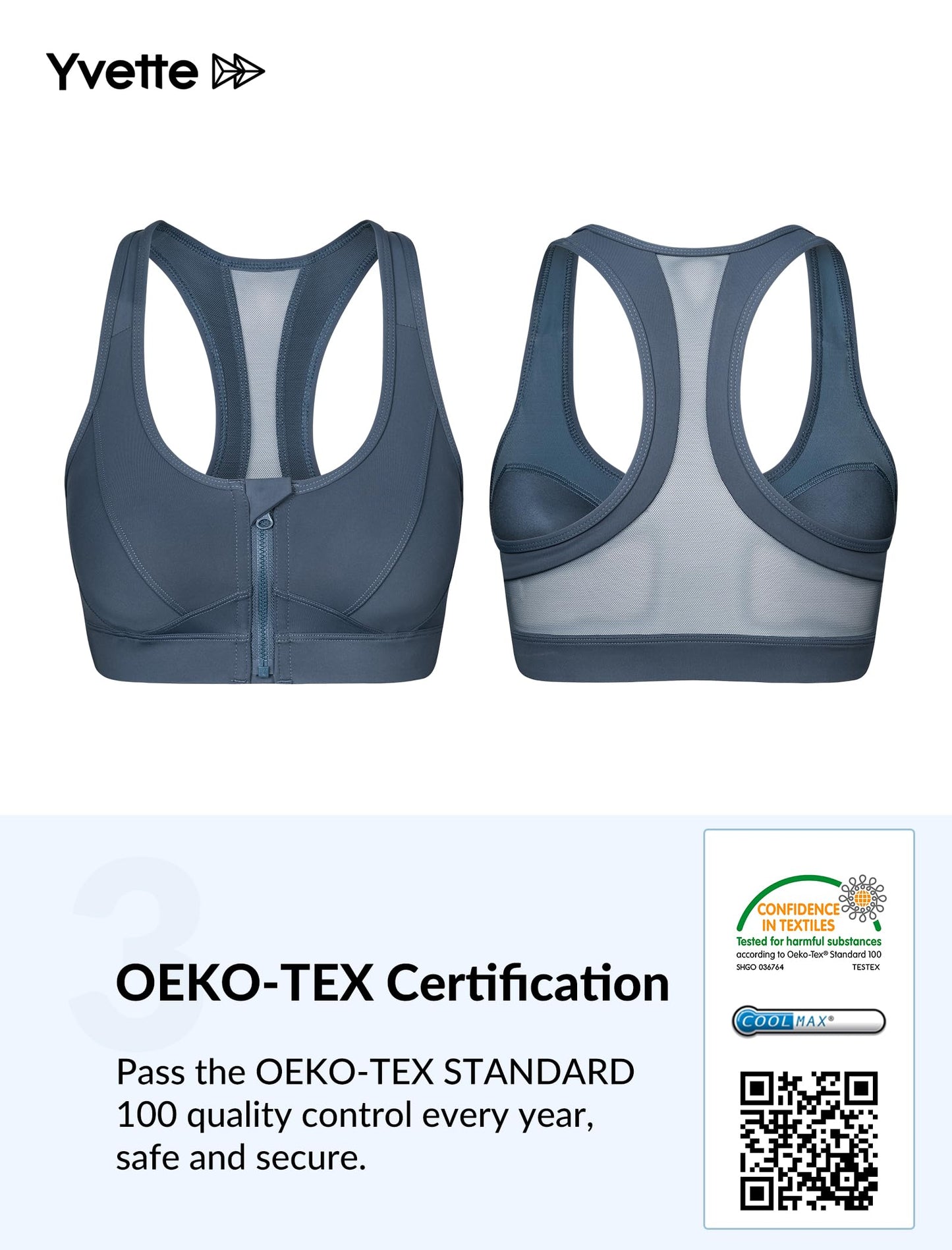 Yvette Zip Front Sports Bra - High Impact Sports Bras for Women Plus Size Workout Fitness Running,Haze Blue,M