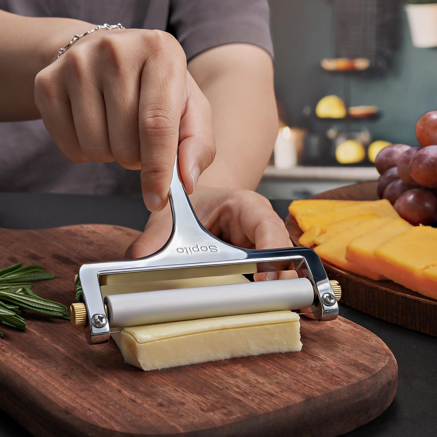 Sopito Stainless Steel Wire Cheese Slicer With 3 Extra Wires Adjustable Thickness, Handheld Cheese Block Cutter for Cheddar, Gruyere, Raclette, Mozzarella