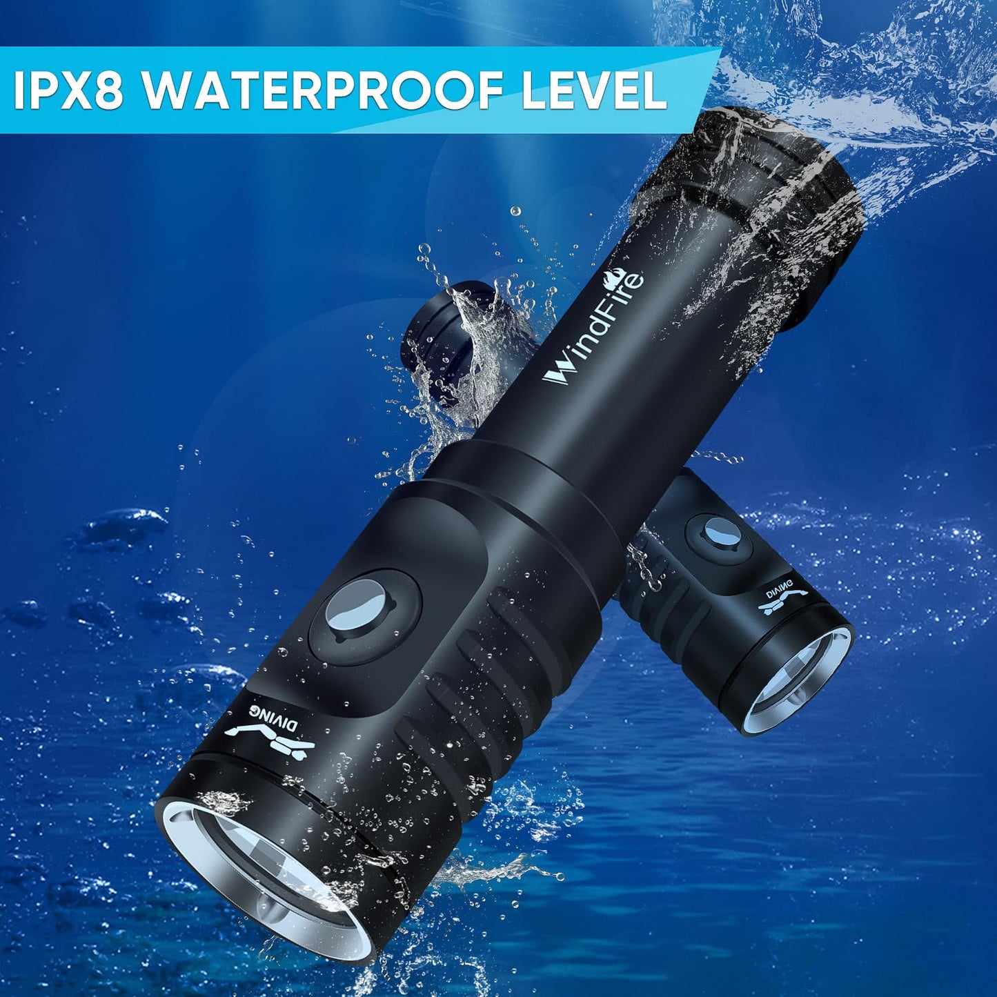 WINDFIRE Dive Light Scuba Diving Flashlight, Super Bright Rechargeable Waterproof Torch with Power Indicator, 3 Modes Underwater Lights, Scuba & Snorkeling Safety Dive Lights for Night Diving