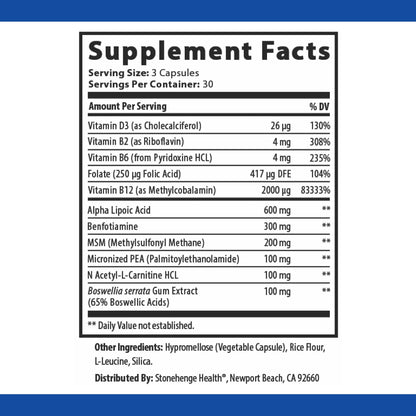 Stonehenge Health Dynamic Nerve Supplement - Supports Nerve Function in Fingers, Toes, Hands, and Feet with Alpha Lipoic Acid ALA, Benfotiamine, Pea, Robust B Complex, Boswellia