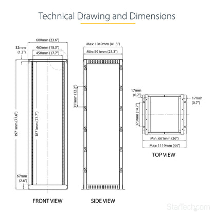 StarTech.com 4-Post 42U Mobile Open Frame Server Rack, 19in Network Rack with Wheels, Rolling Rack for Computer/AV/Data/IT Equipment - Casters, Leveling Feet or Floor Mounting (4POSTRACK42)
