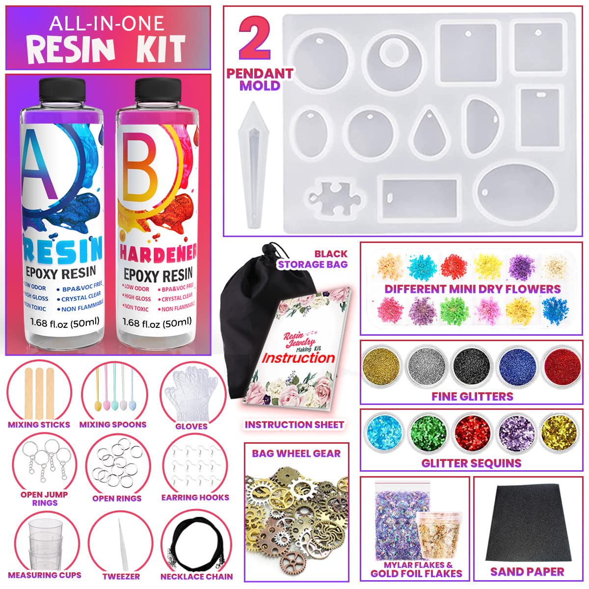 Goody King Resin Jewelry Making Starter Kit - Resin Kits for Beginners with Molds and Resin Jewelry Making Supplies - Silicone Casting Mold, Tools Set Clear Epoxy for DIY Jewelry