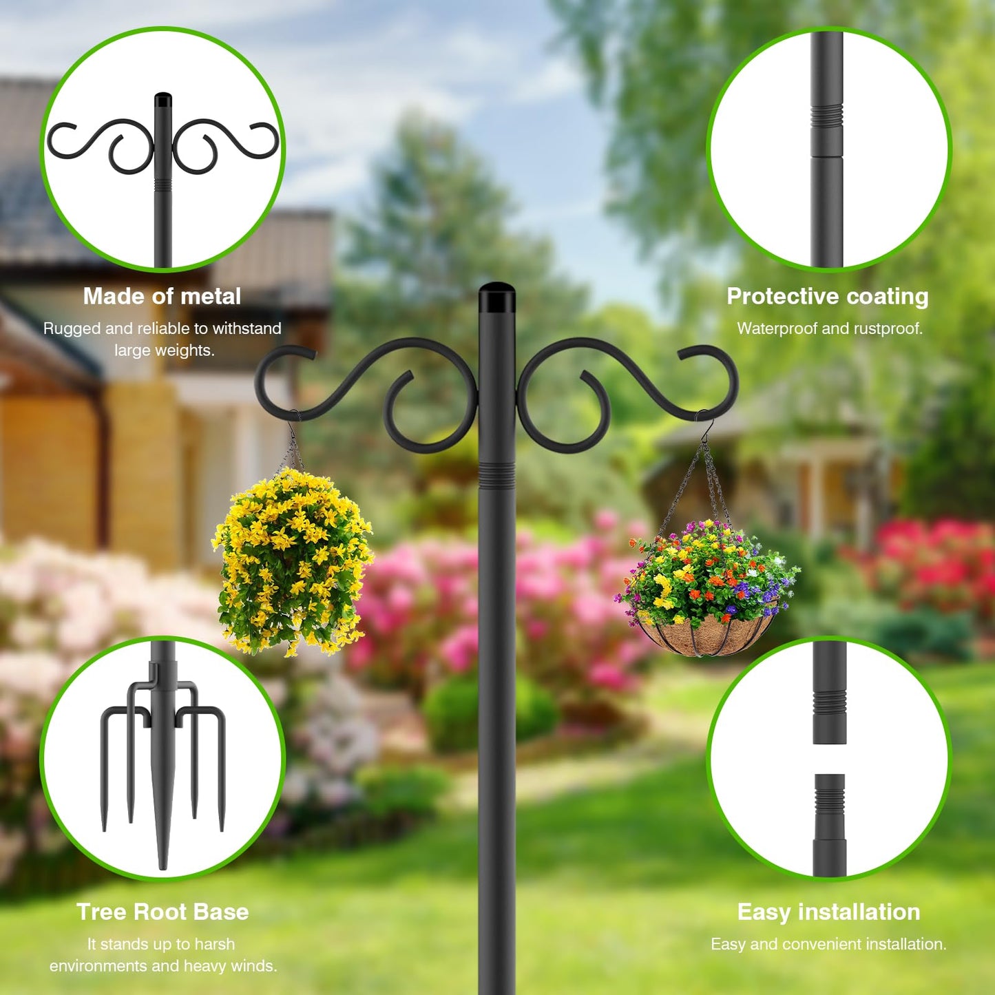 RCUICA Double Shepherds Hooks for Outdoor,2 Pack 90 Inch Bird Feeder Pole with 5 Prongs Base,Heavy Duty Shepherds Hook,Suitable for Garden in Hanging Flower Basket,Lantern,Bird Nests (90 Inch)
