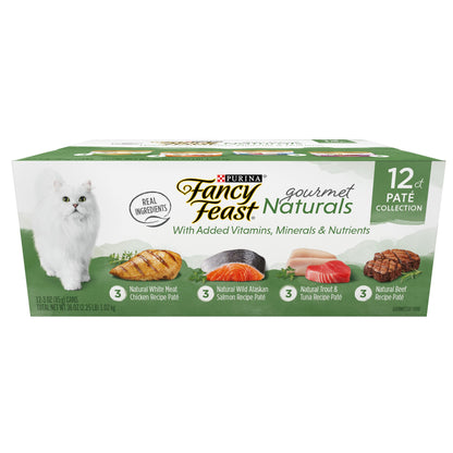 Purina Fancy Feast Grain Free Wet Cat Food Pate Variety Pack Gourmet Naturals–Beef, Chicken, Salmon, Trout and Tuna - (2 Packs of 12) 3 oz. Cans