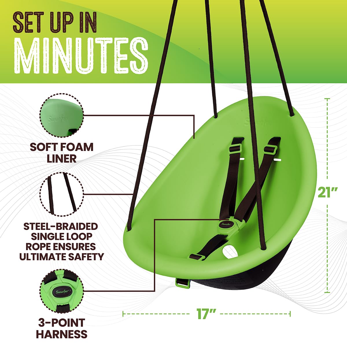 Swurfer Kiwi Toddler Swing – Comfy Baby Swing Outdoor, 3-Point Adjustable Safety Harness, Safe Quick Click Locking System, Foam-Lined Shell, Blister-Free Rope, Age 9 Months and Up, Green