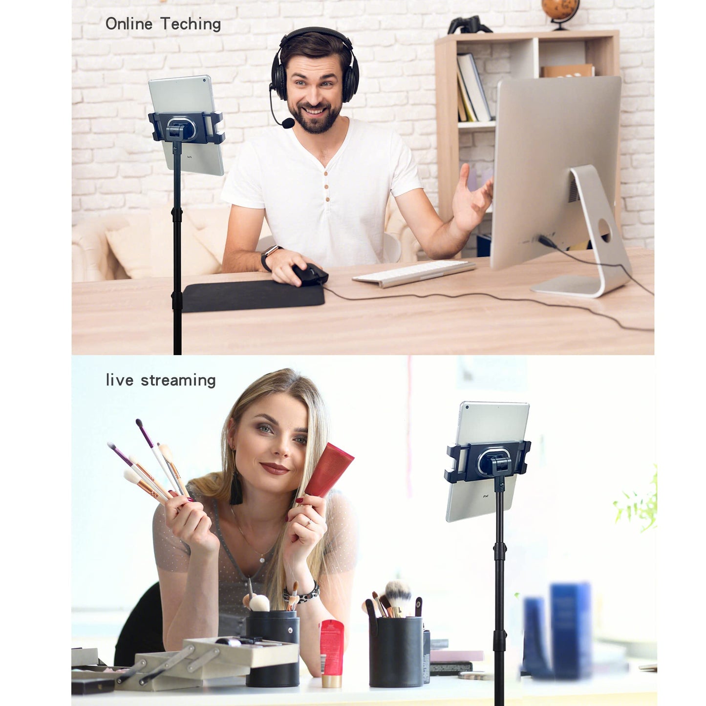 Raking Tablet Floor Stand, Height Adjustable Cellphone Floor Stand with 360°Rotating Tripod Mount, Compatible with iPhone iPad Mini/Air/Pro and All 5.5-12.9 Inch Devices