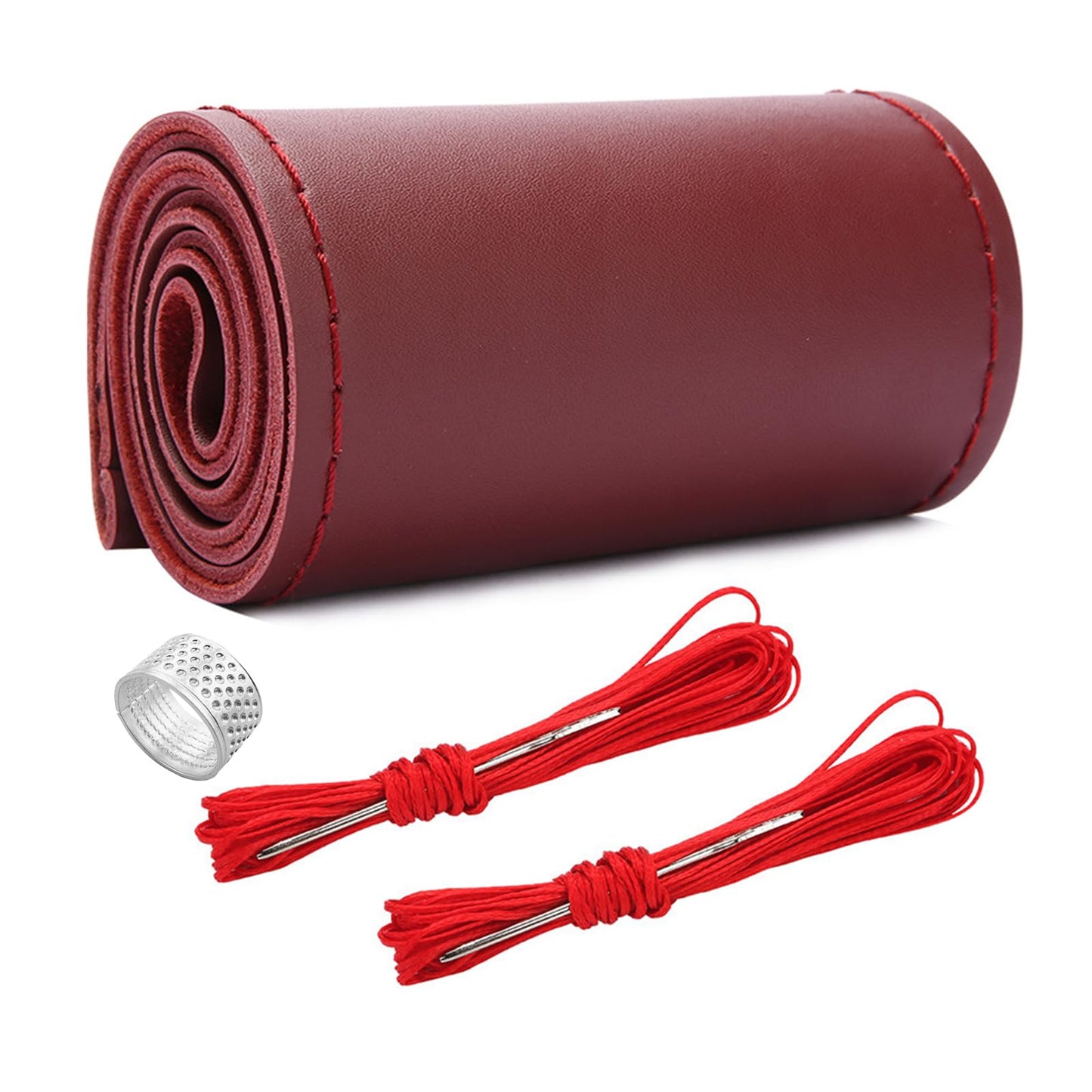 Ziciner Genuine Leather Steering Wheel Cover, Stitch on Wrap, Breathable Anti-Slip Car Steering Wheel Protector for Max Diameter 15 Inch, DIY Sewing with Needle Thread (Wine Red, Glossy)