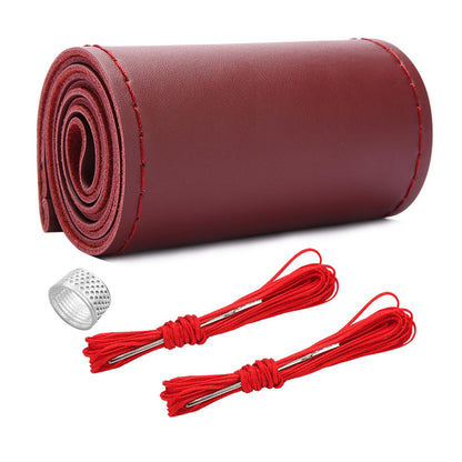 Ziciner Genuine Leather Steering Wheel Cover, Stitch on Wrap, Breathable Anti-Slip Car Steering Wheel Protector for Max Diameter 15 Inch, DIY Sewing with Needle Thread (Wine Red, Glossy)