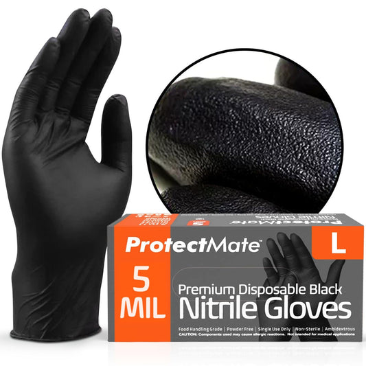 Protectmate 5 Mil Black Nitrile Gloves for Food Prep - Textured Food Prep Gloves - Food Handling Gloves Disposable Latex Free Gloves for Cooking, Catering, Food Service - X-Large (Box of 100)
