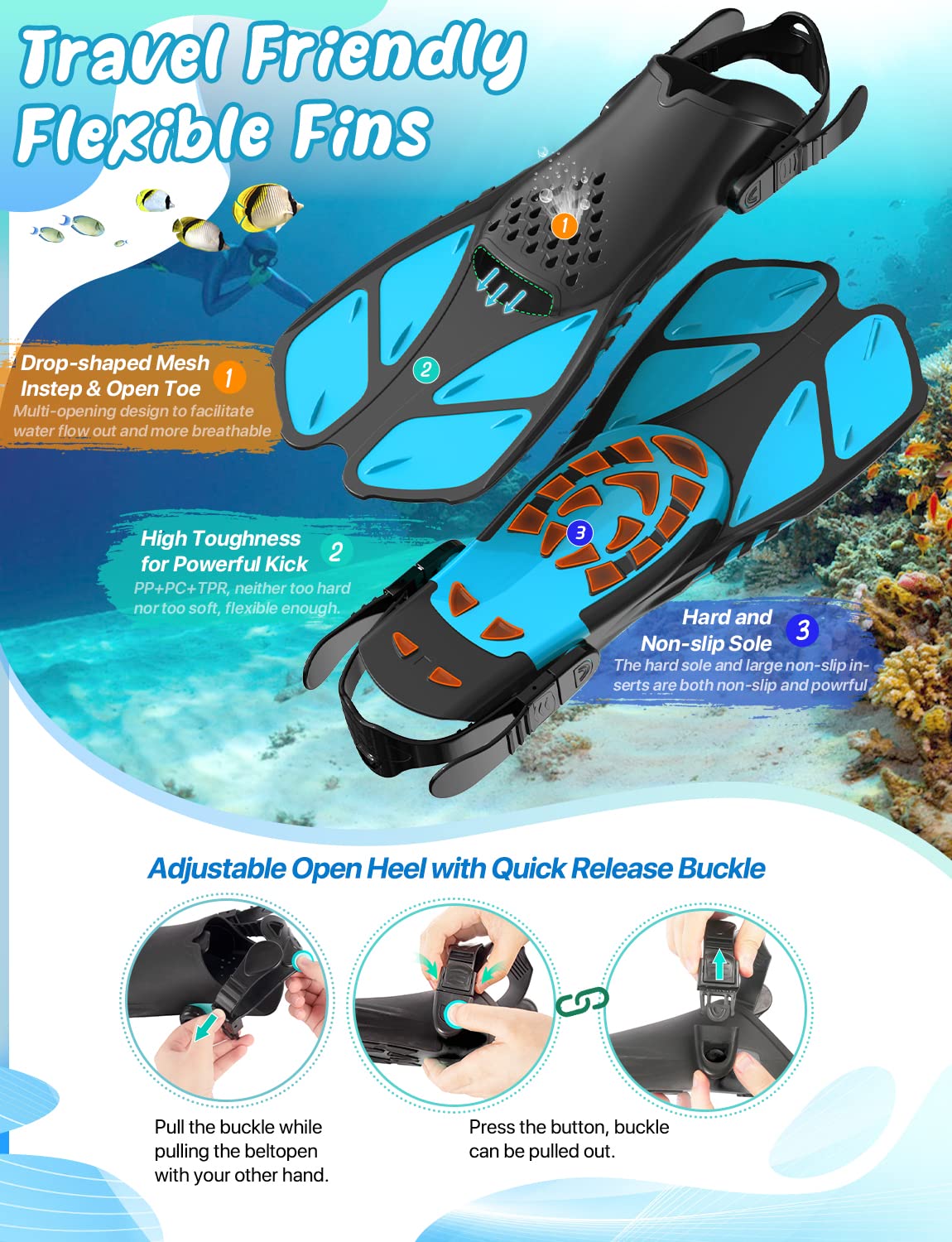 Zenoplige Mask Fins Snorkel Set, Snorkeling Gear for Adults, Panoramic View Snorkel Mask Anti-Fog, Adjustable Dive Flippers, Dry Top Snorkel and Travel Bag, Scuba Gear for Swimming Snorkeling Diving