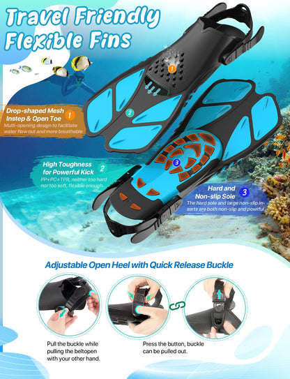 Zenoplige Mask Fins Snorkel Set, Snorkeling Gear for Adults, Panoramic View Snorkel Mask Anti-Fog, Adjustable Dive Flippers, Dry Top Snorkel and Travel Bag, Scuba Gear for Swimming Snorkeling Diving