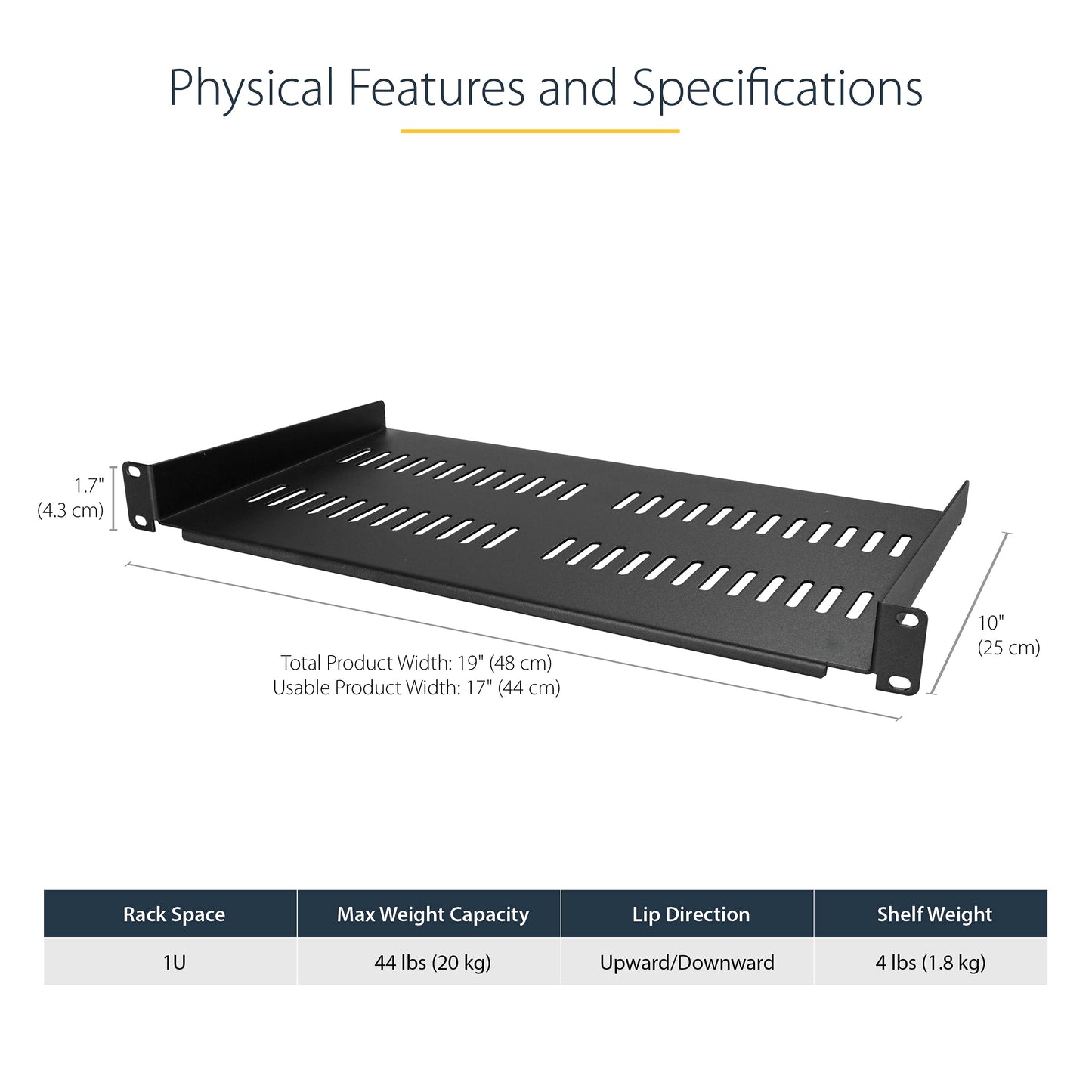 StarTech.com 1U Server Rack Shelf - Vented Rack Mount Cantilever Tray for 19" Network Rack & Cabinet, 44lb/20kg, 10" Deep