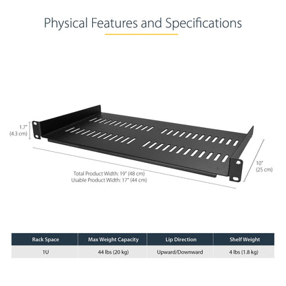 StarTech.com 1U Server Rack Shelf - Vented Rack Mount Cantilever Tray for 19" Network Rack & Cabinet, 44lb/20kg, 10" Deep