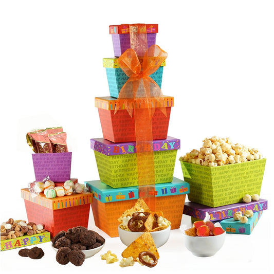 Broadway Basketeers Birthday Gift Basket Tower for Women, Men, Mom, Dad, Her, Him, Kids, Families – Curated Snack Box, Sweet and Savory Treats for Parties