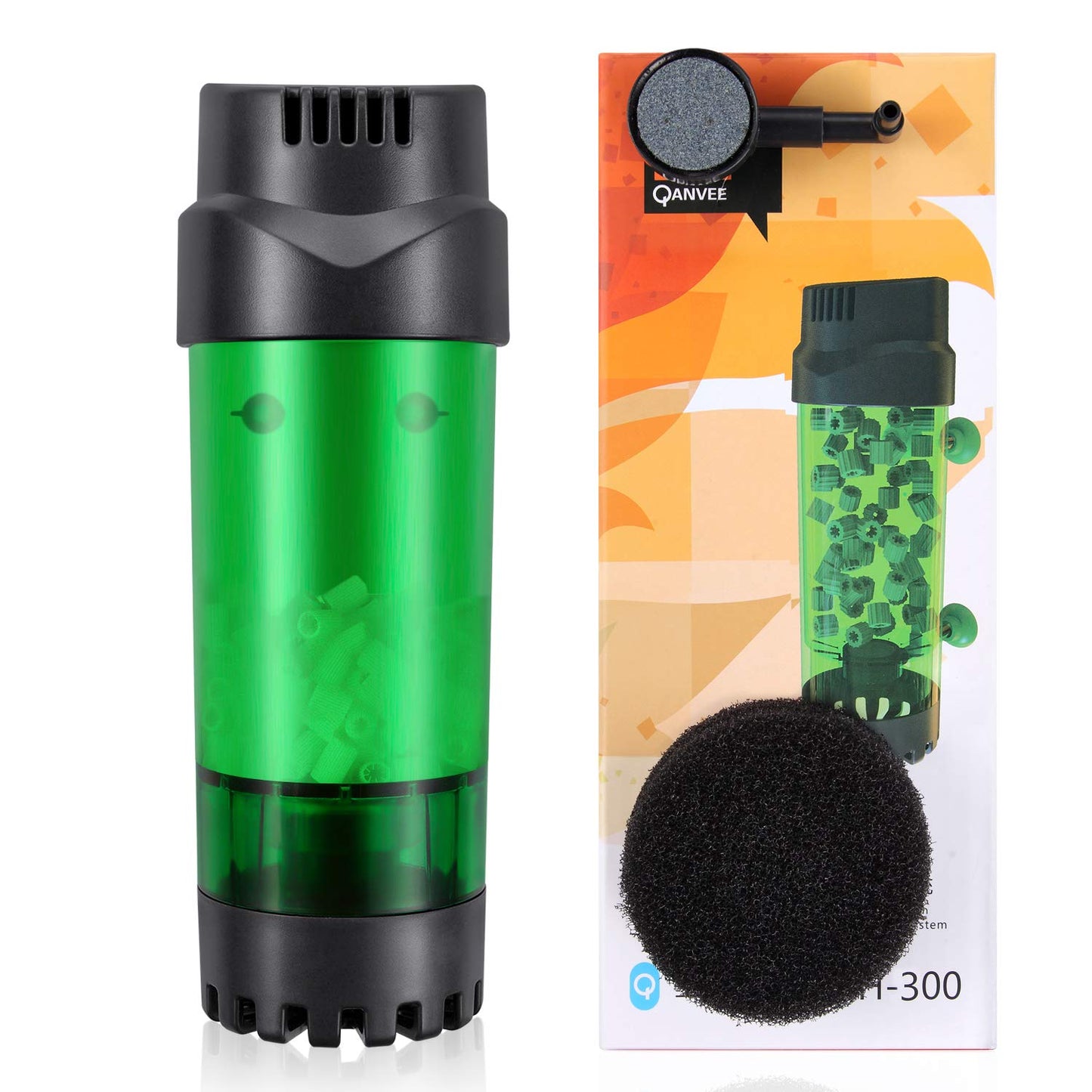 QANVEE Fluidized Moving Bed Bubble Bio Media Filter for Aquarium Fish Tank with Air Stone and Sponge Filter (LH-300)