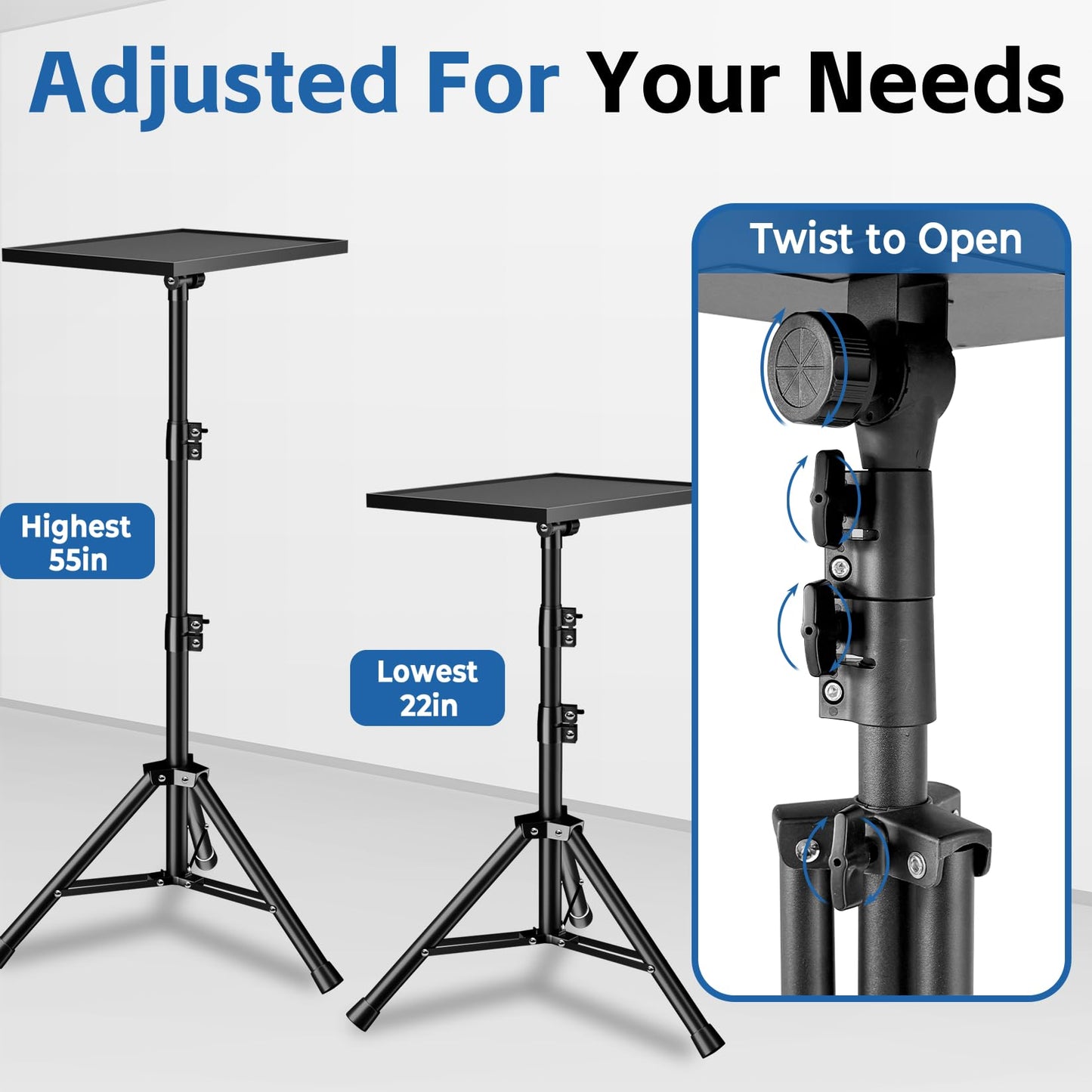 REHOSEUP Projector Stand, 33LB Load Bearing & 22-55" Height Adjustable, for Projector/Laptop/DJ Gear, Outdoor/Office/Studio - Stable Base (Black)