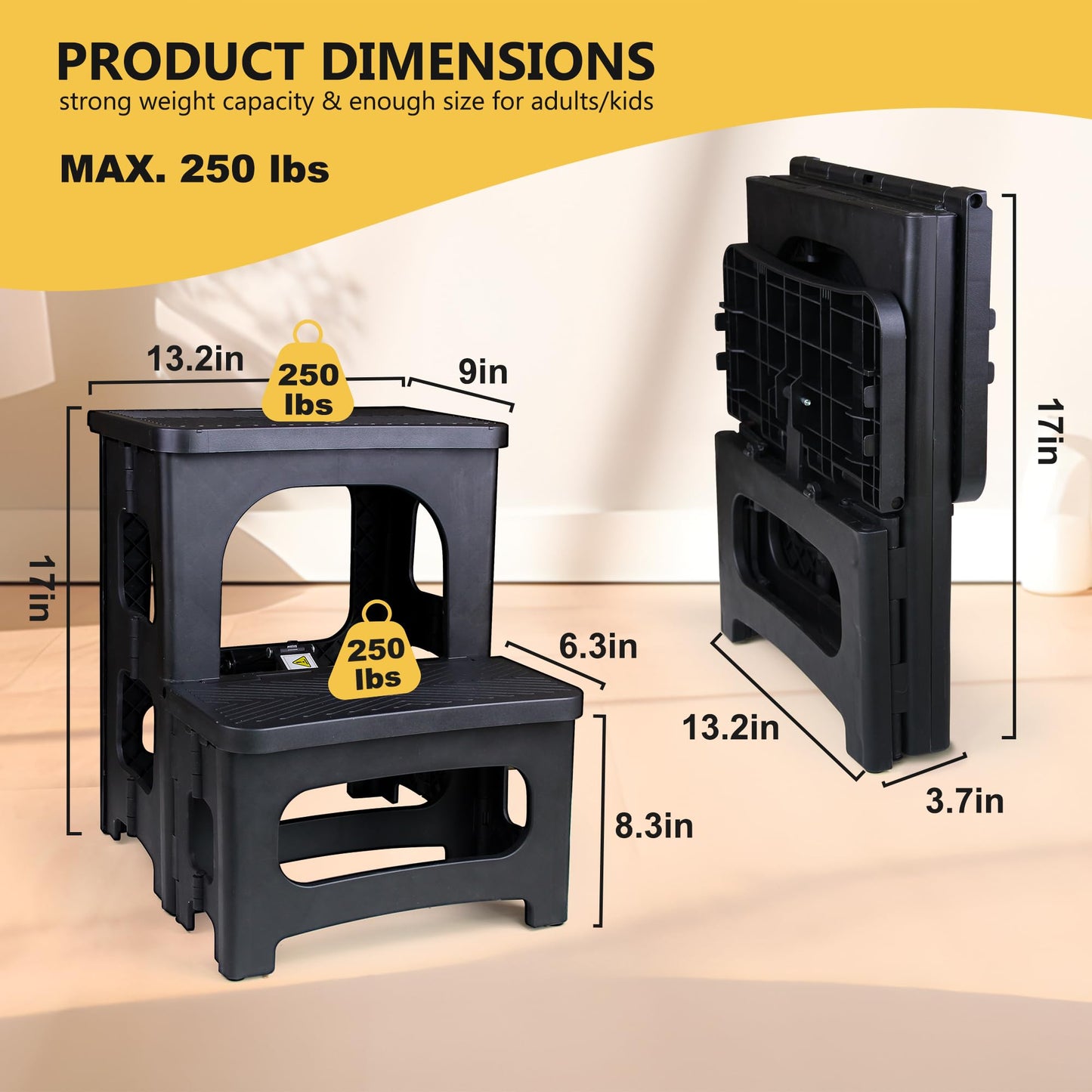 AMOISE Amoise Folding 2-Step Stool, Non-Slip Portable Footstool 8'' & 17'' Dual Heights, Holds 300 lbs, Portable Footstool for Kitchen Home Toilet Bedroom Office Bathroom RV(Black)