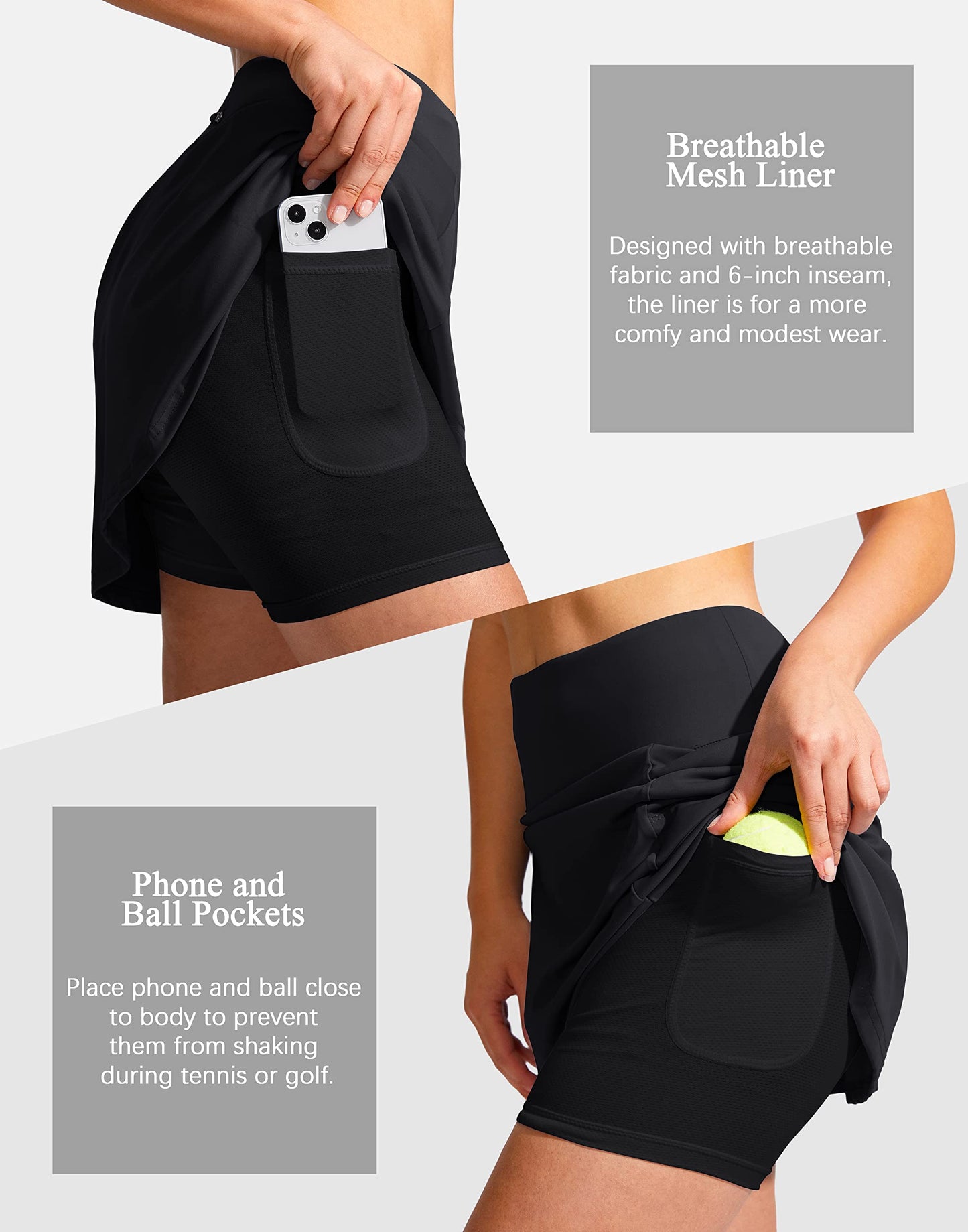 SANTINY High Waist Zipper Pocket Knee Length Athletic Skort for Women Golf Tennis Black L