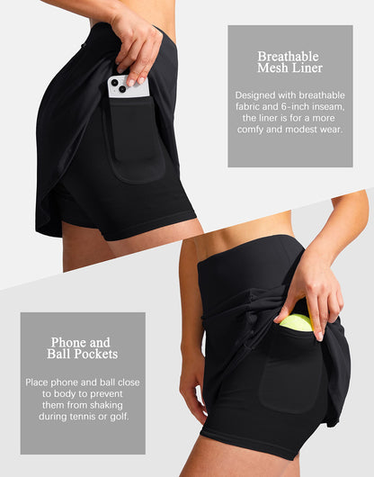 SANTINY High Waist Zipper Pocket Knee Length Athletic Skort for Women Golf Tennis Black L