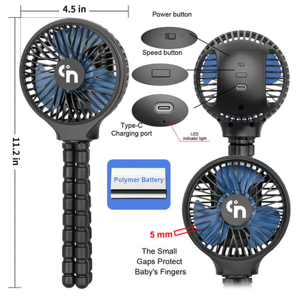 WiHoo Portable Stroller Fan, 11H Ultra-long Battery Life 3 Speed 360°Rotate, USB Rechargeable or Battery Operated Cooling Clip On for Baby Crib Travel Car Seat Black